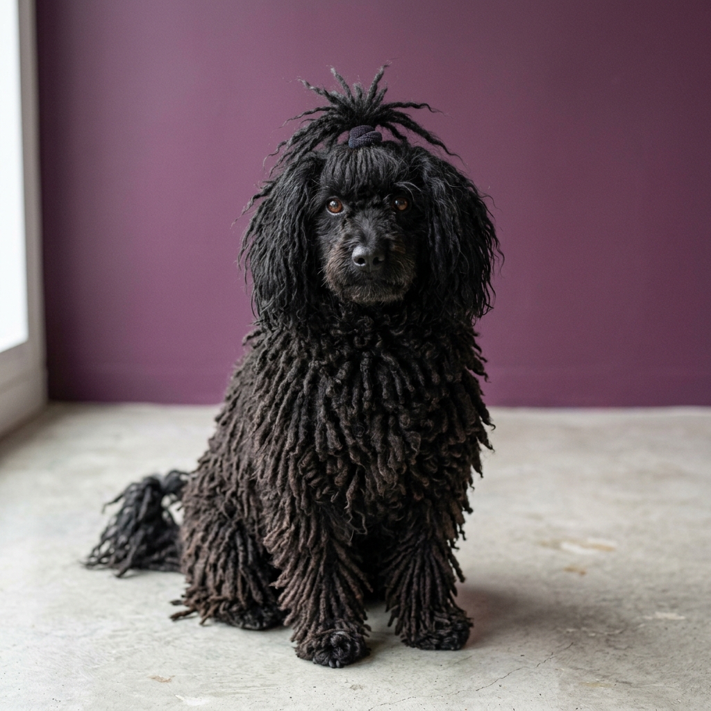 Ein Puli sitzt aufmerksam auf hellgrauem Boden vor auberginefarbener Wand, die Schnüre sind aus den Augen gebunden.