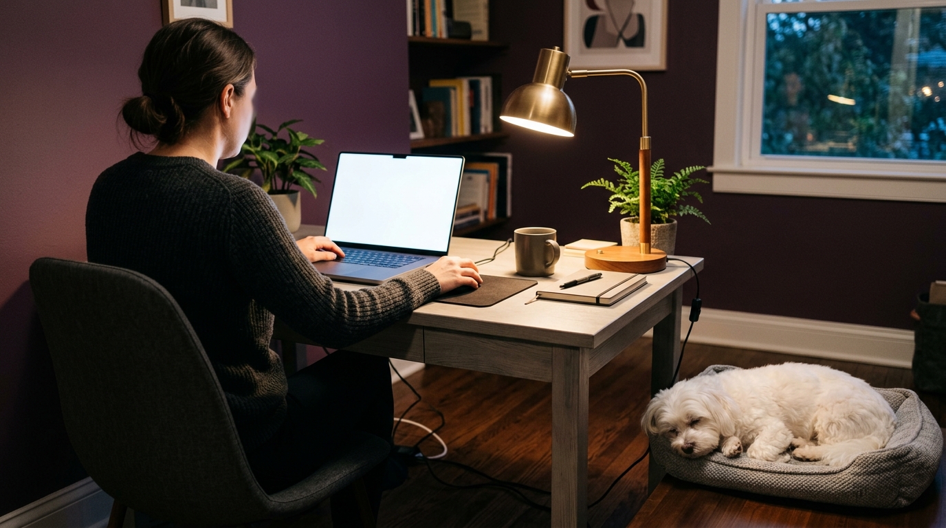Eine Person arbeitet abends an einem Laptop mit leerem Bildschirm, daneben schläft ein Malteser in seinem Körbchen, die Wand ist auberginefarben.